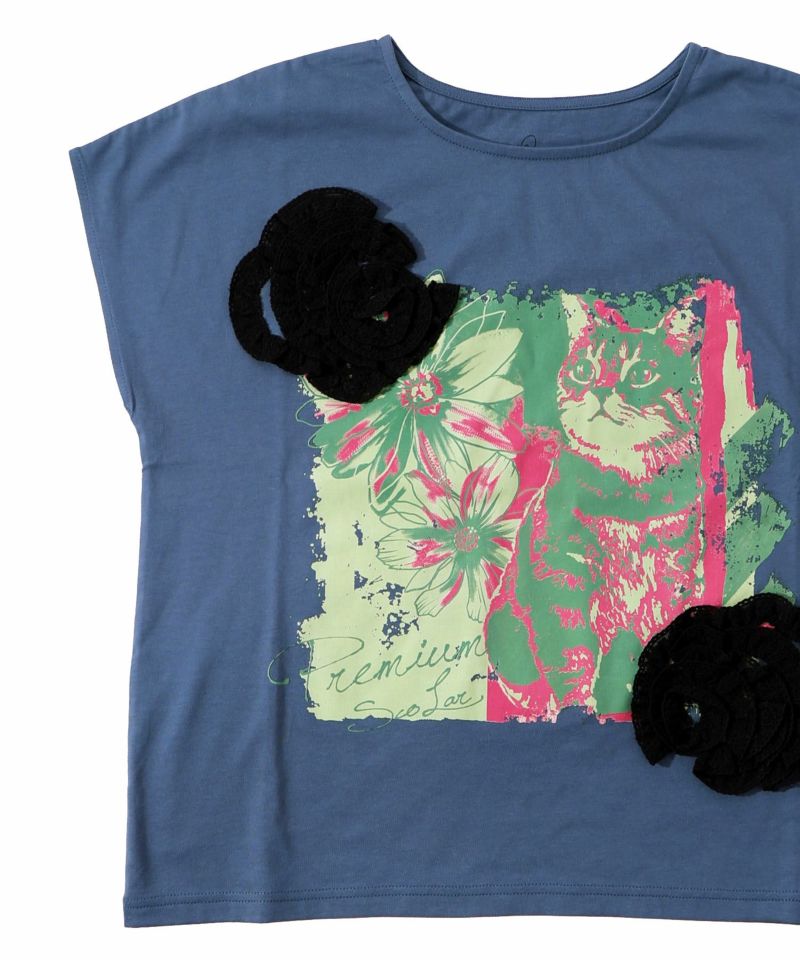 ネコ花柄レーステープTシャツ-16