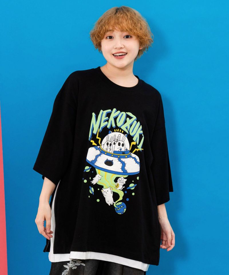 ネコ好きおばけうさぎUFO柄Tシャツ-1
