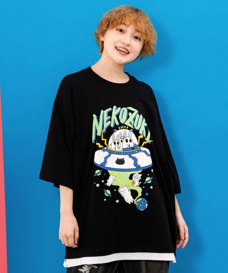 ネコ好きおばけうさぎUFO柄Tシャツ-6