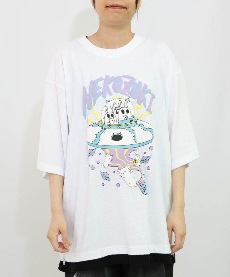 ネコ好きおばけうさぎUFO柄Tシャツ-8