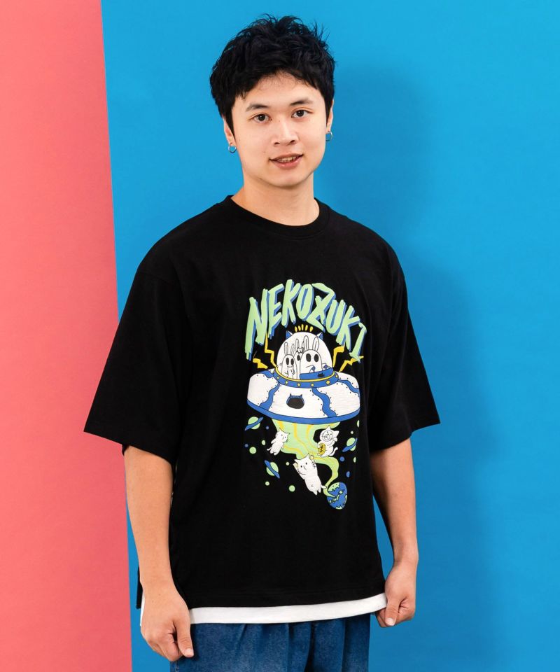ネコ好きおばけうさぎUFO柄Tシャツ-12
