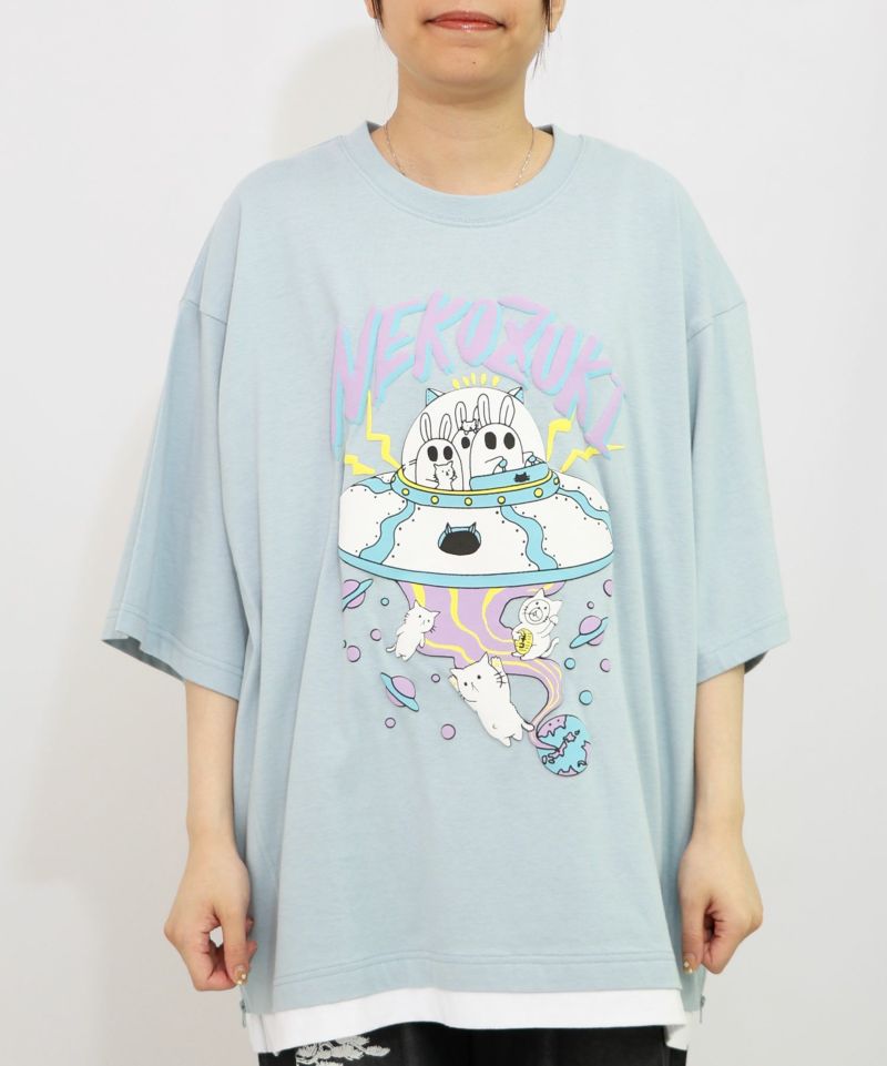 ネコ好きおばけうさぎUFO柄Tシャツ-15
