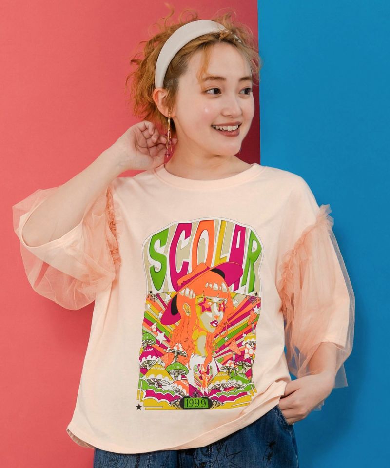 キノコ柄とアニメ風女の子チュール重ねTシャツ-1