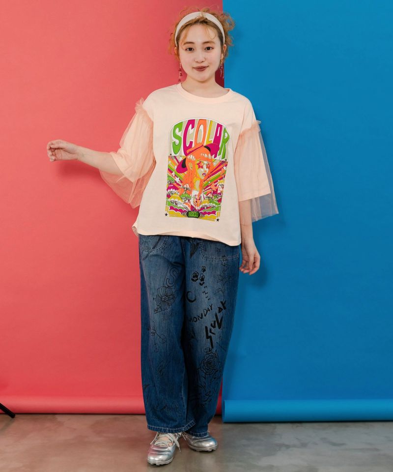 キノコ柄とアニメ風女の子チュール重ねTシャツ-2