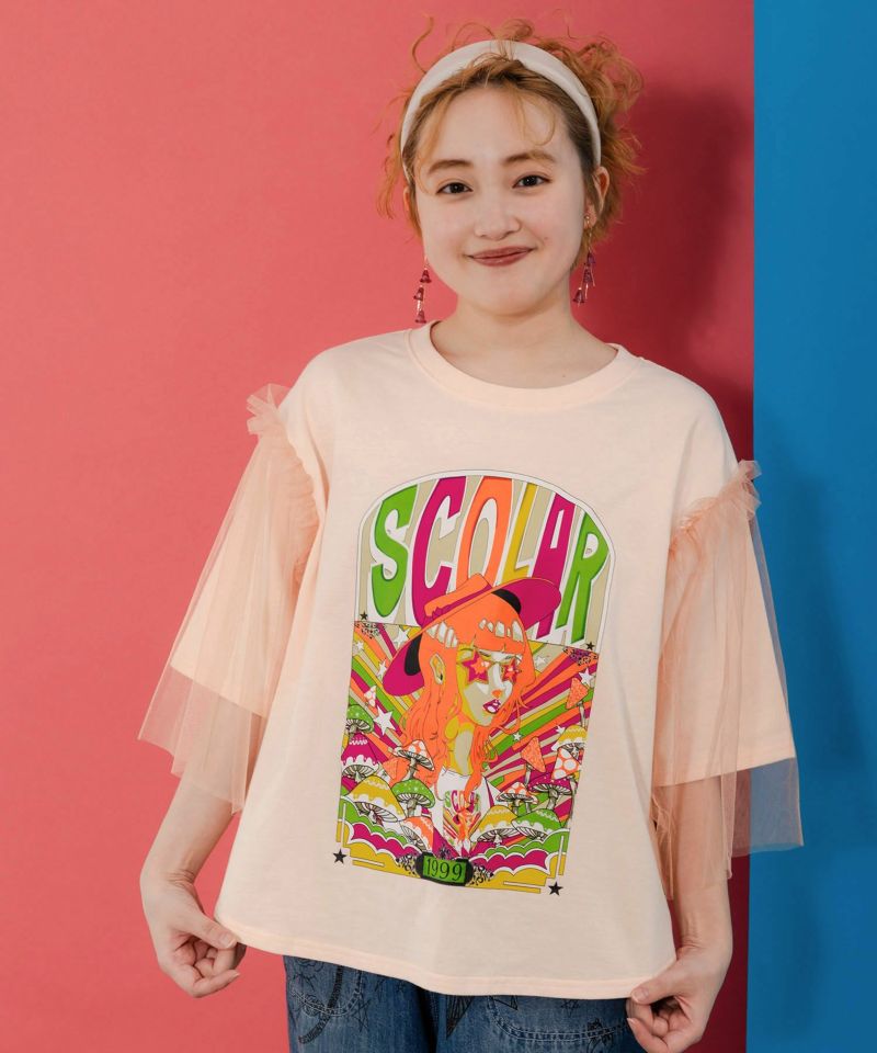 キノコ柄とアニメ風女の子チュール重ねTシャツ-3