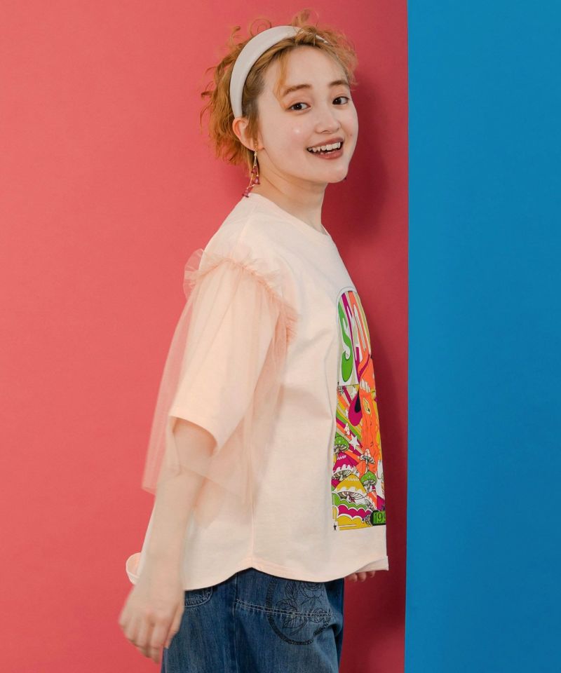 キノコ柄とアニメ風女の子チュール重ねTシャツ-4