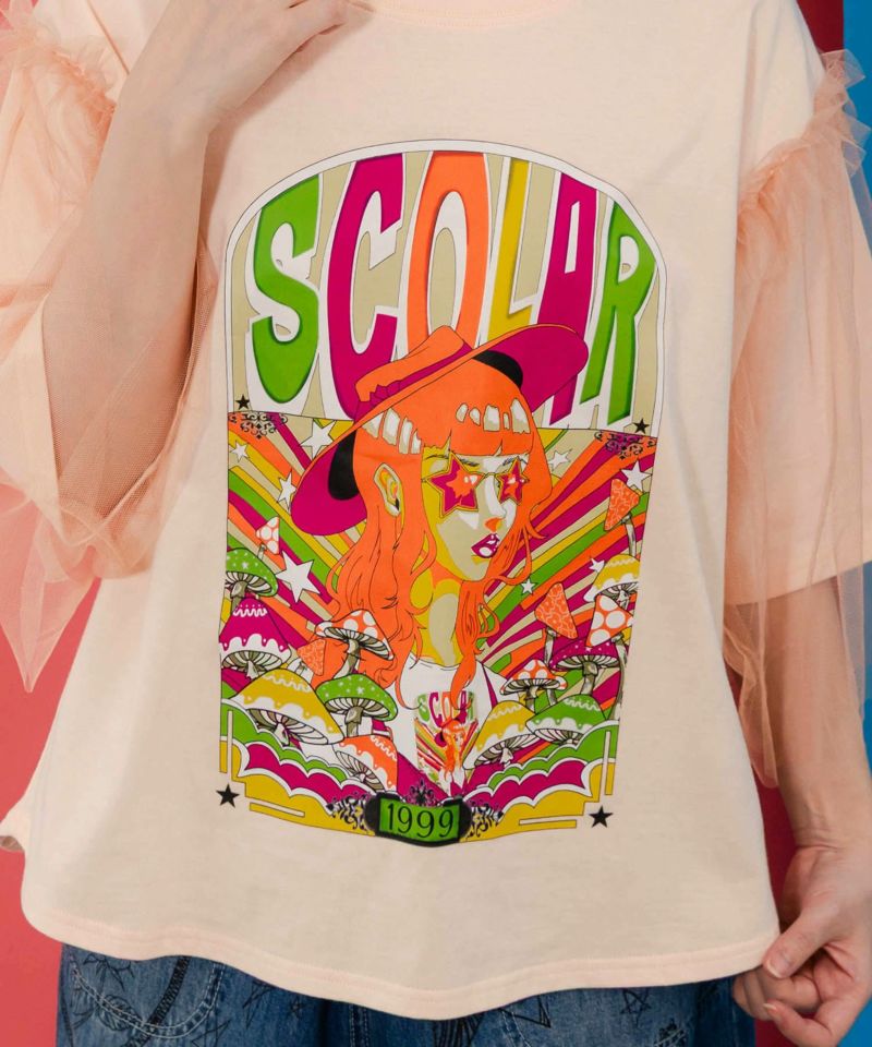 キノコ柄とアニメ風女の子チュール重ねTシャツ-7