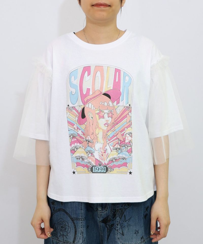 キノコ柄とアニメ風女の子チュール重ねTシャツ-8
