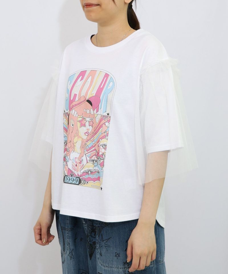 キノコ柄とアニメ風女の子チュール重ねTシャツ-9