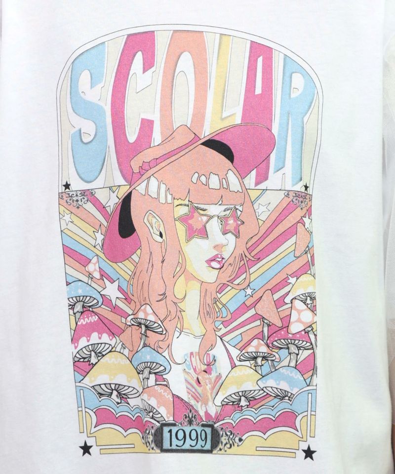 キノコ柄とアニメ風女の子チュール重ねTシャツ-11