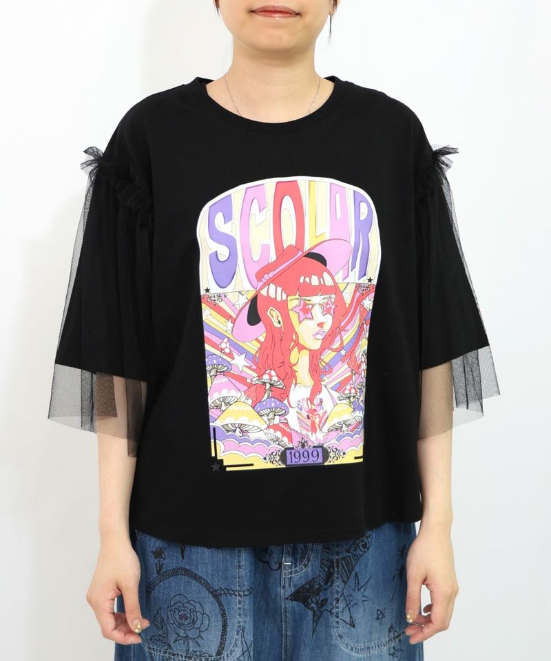 キノコ柄とアニメ風女の子チュール重ねTシャツ-12