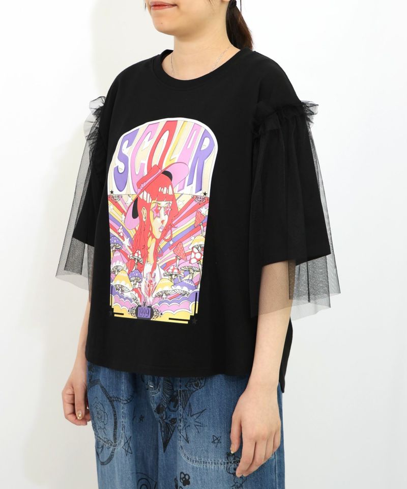 キノコ柄とアニメ風女の子チュール重ねTシャツ-13