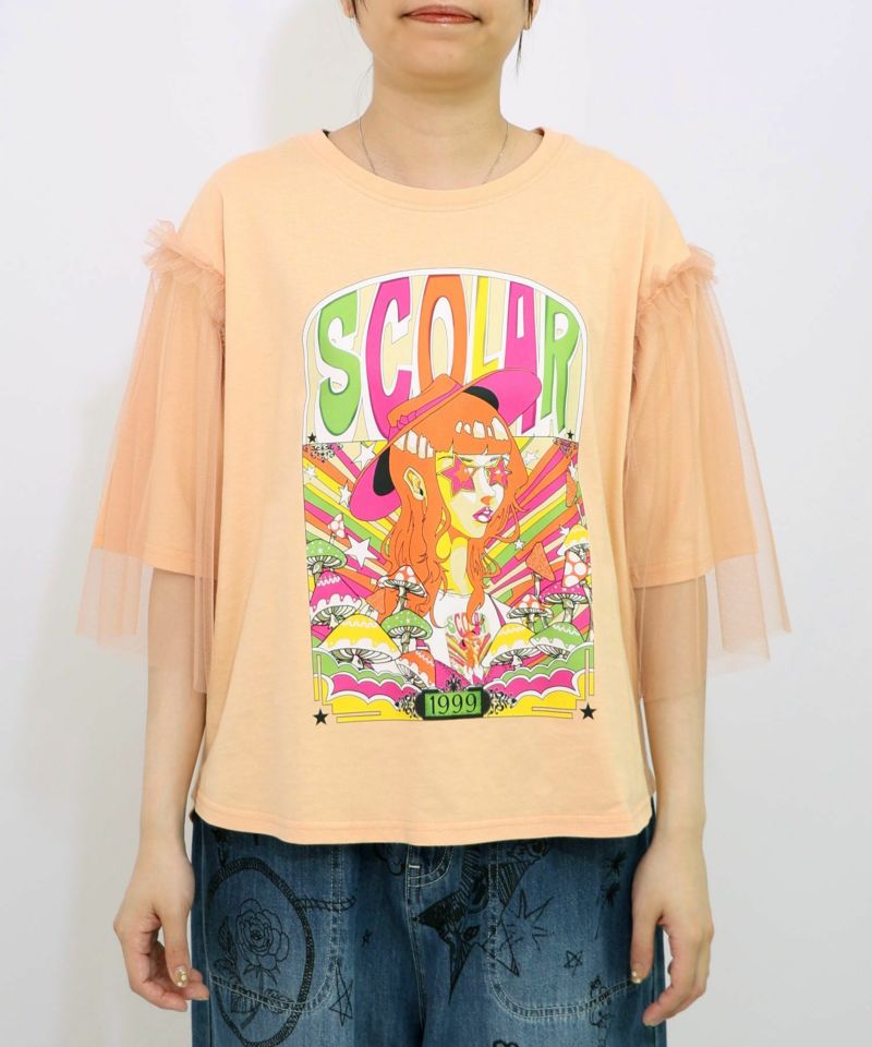 キノコ柄とアニメ風女の子チュール重ねTシャツ-16