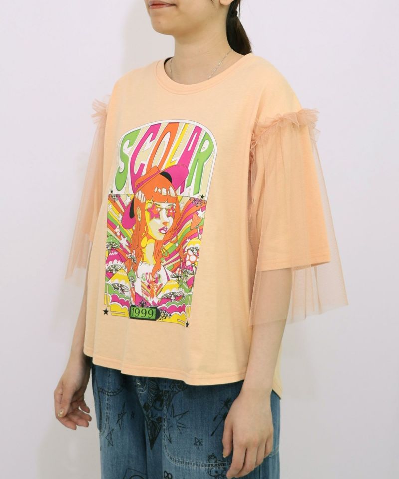 キノコ柄とアニメ風女の子チュール重ねTシャツ-17