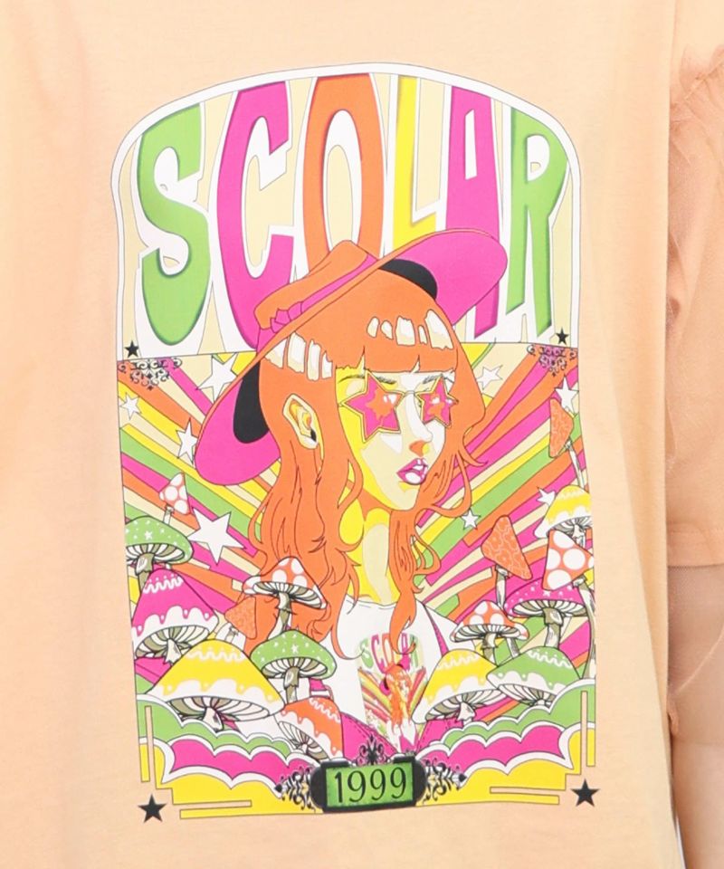キノコ柄とアニメ風女の子チュール重ねTシャツ-19