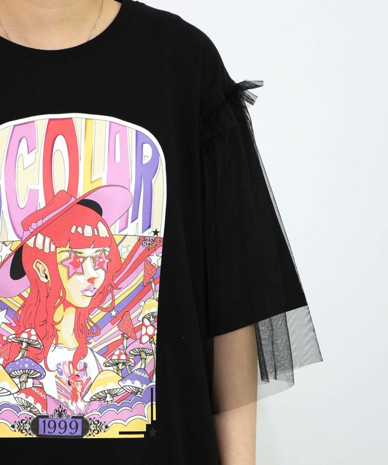 キノコ柄とアニメ風女の子チュール重ねTシャツ-21