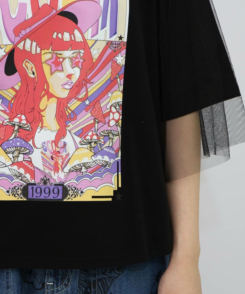 キノコ柄とアニメ風女の子チュール重ねTシャツ-22