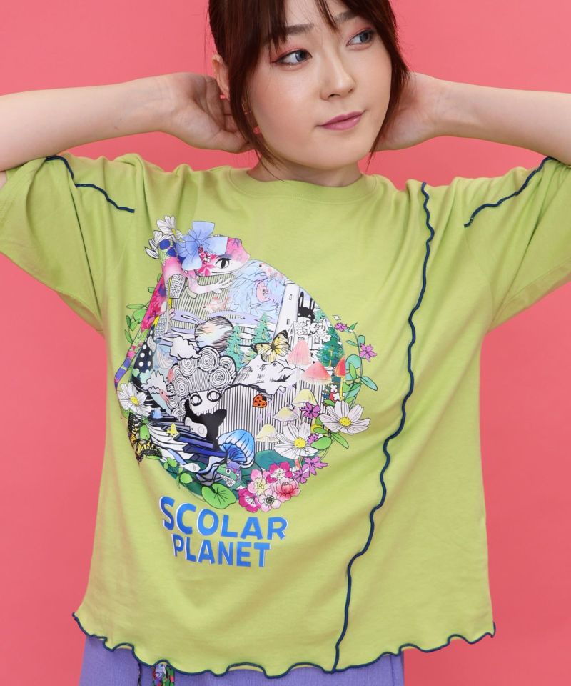 スカラープラネット柄 メロウステッチ切替Tシャツ-3