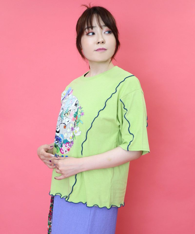スカラープラネット柄 メロウステッチ切替Tシャツ-4