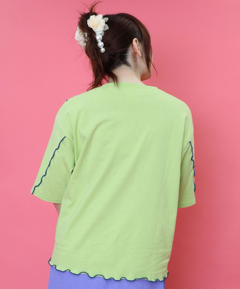 スカラープラネット柄 メロウステッチ切替Tシャツ-5