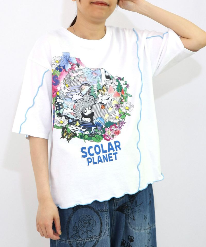 スカラープラネット柄 メロウステッチ切替Tシャツ-7