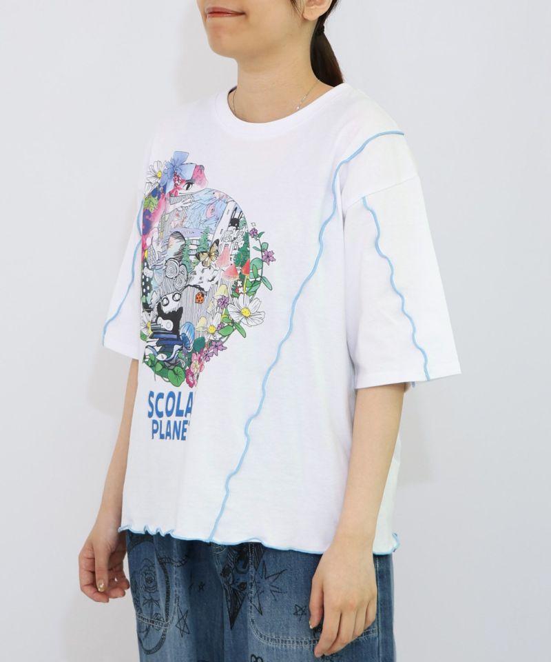 スカラープラネット柄 メロウステッチ切替Tシャツ-8