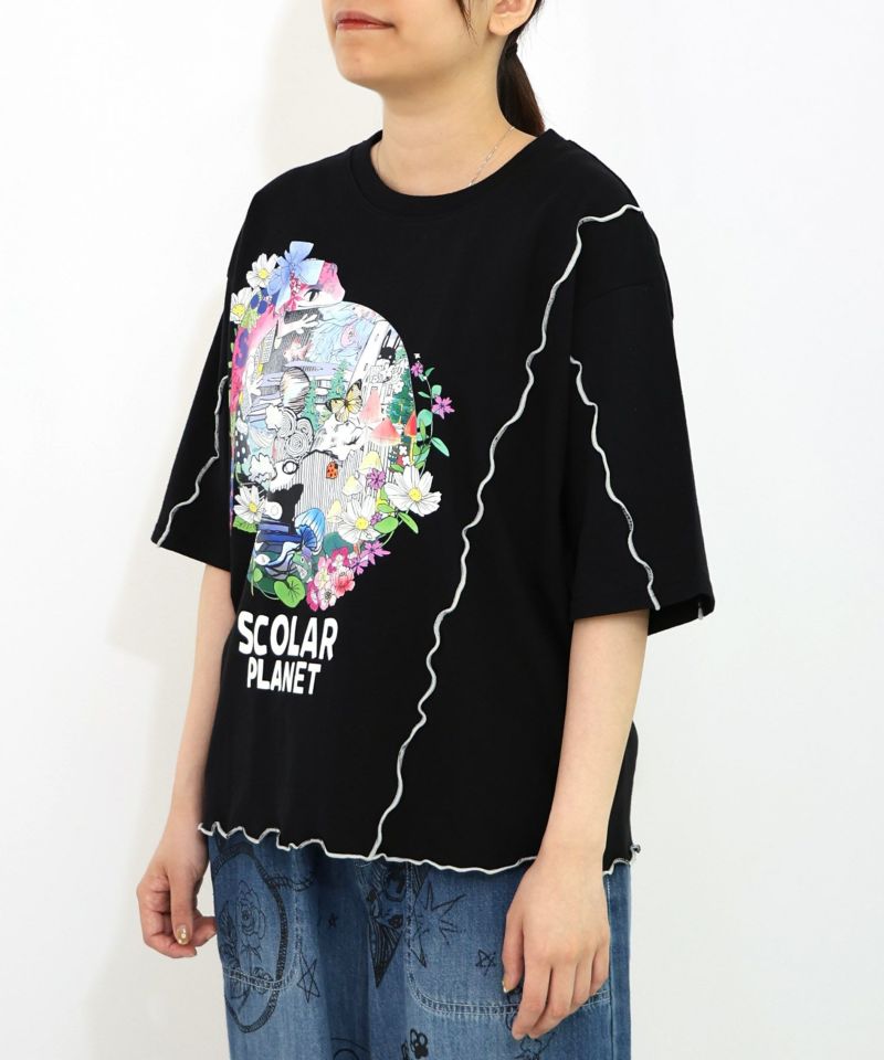 スカラープラネット柄 メロウステッチ切替Tシャツ-12