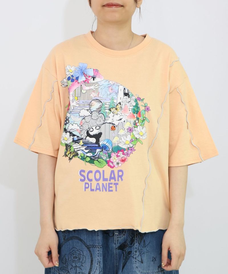 スカラープラネット柄 メロウステッチ切替Tシャツ-15
