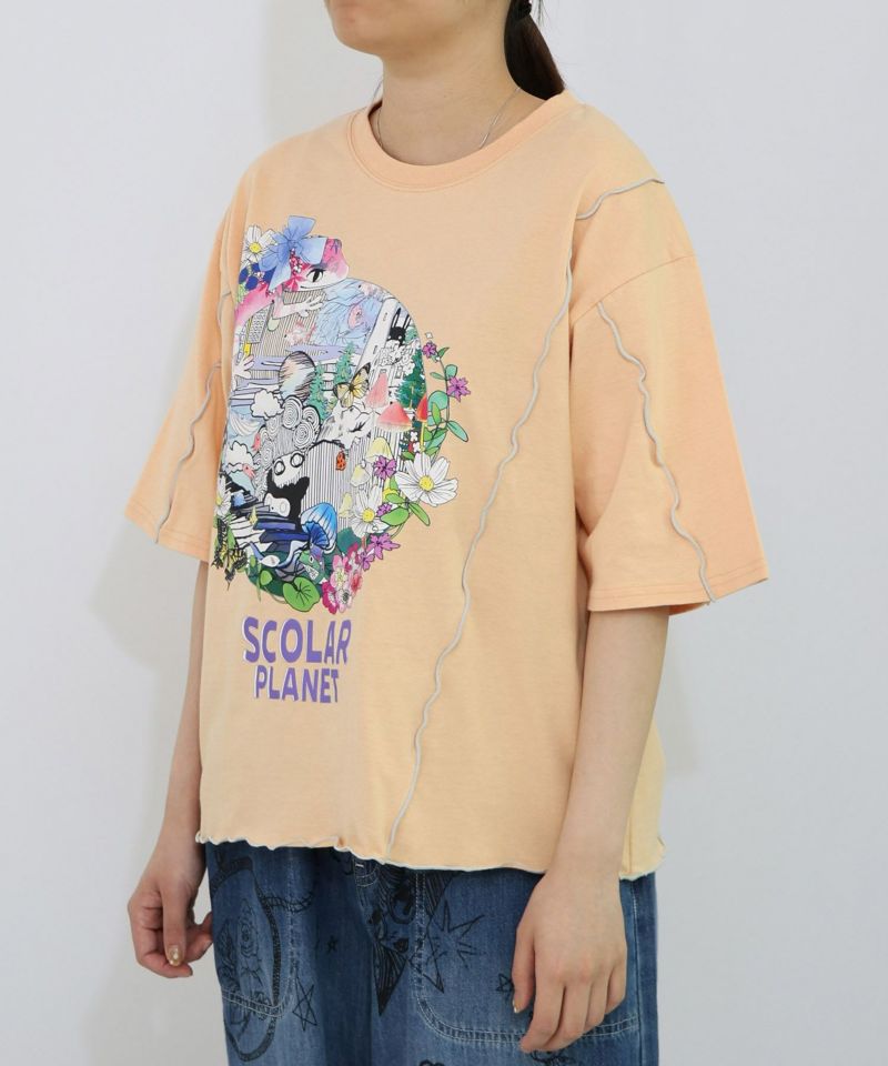 スカラープラネット柄 メロウステッチ切替Tシャツ-16