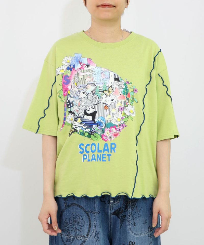 スカラープラネット柄 メロウステッチ切替Tシャツ-19