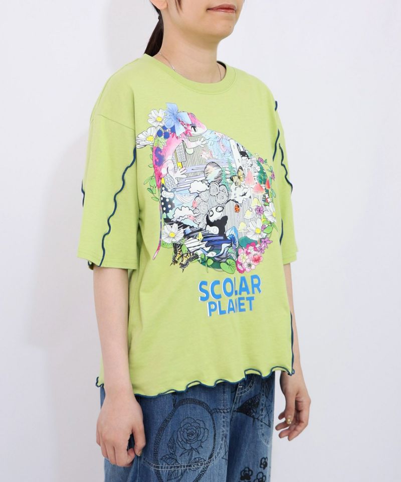 スカラープラネット柄 メロウステッチ切替Tシャツ-20