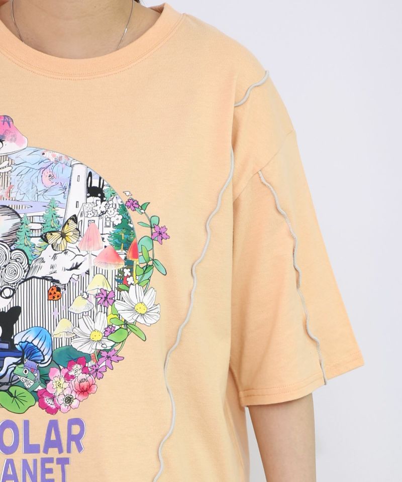 スカラープラネット柄 メロウステッチ切替Tシャツ-24