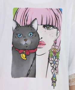 ネコと女の子の自撮り柄 レース切替Tシャツ-11