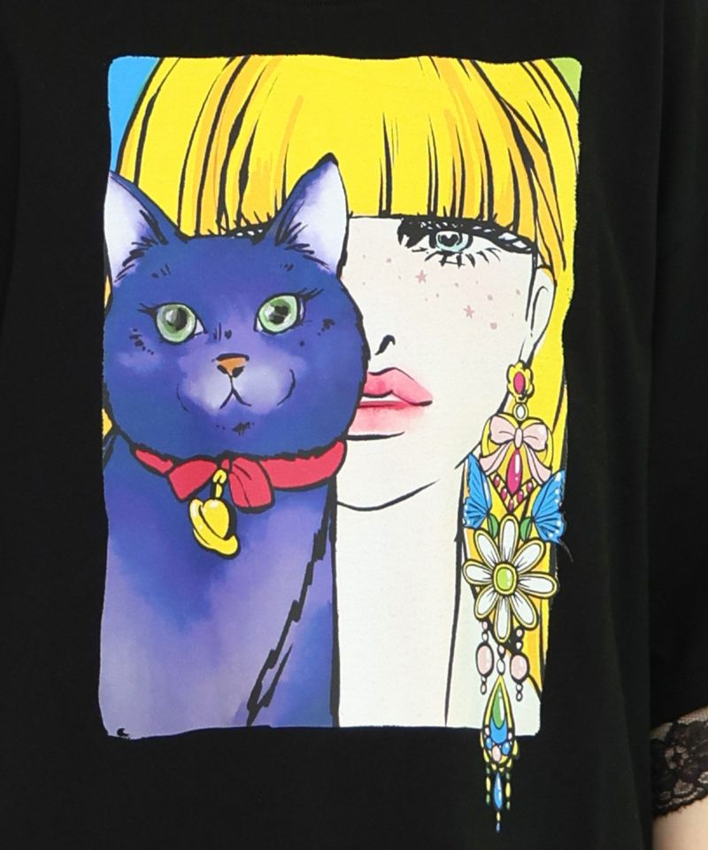 ネコと女の子の自撮り柄 レース切替Tシャツ-15