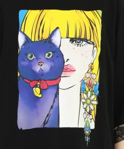 ネコと女の子の自撮り柄 レース切替Tシャツ-15