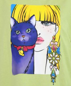 ネコと女の子の自撮り柄 レース切替Tシャツ-19