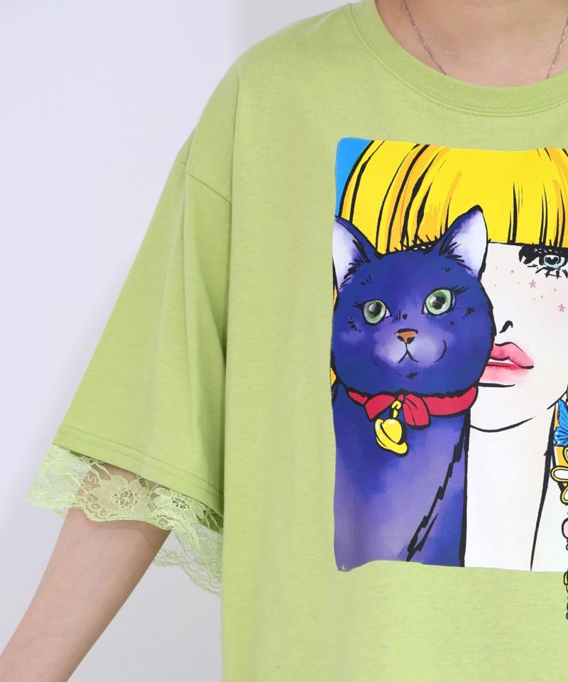 ネコと女の子の自撮り柄 レース切替Tシャツ-20