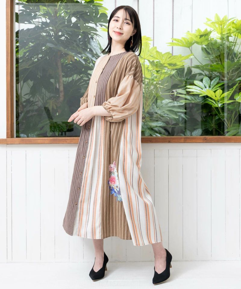 花蝶ネコプリント ストライプMIX柄ワンピース-2