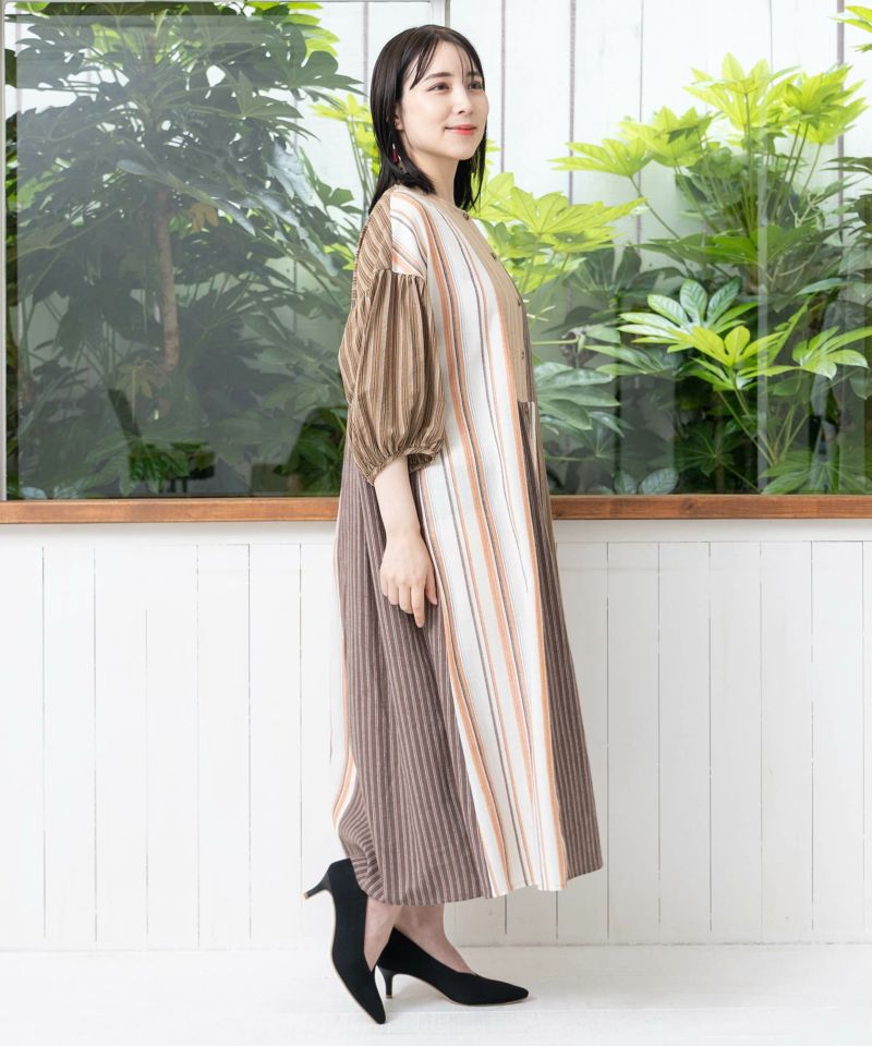 花蝶ネコプリント ストライプMIX柄ワンピース-4