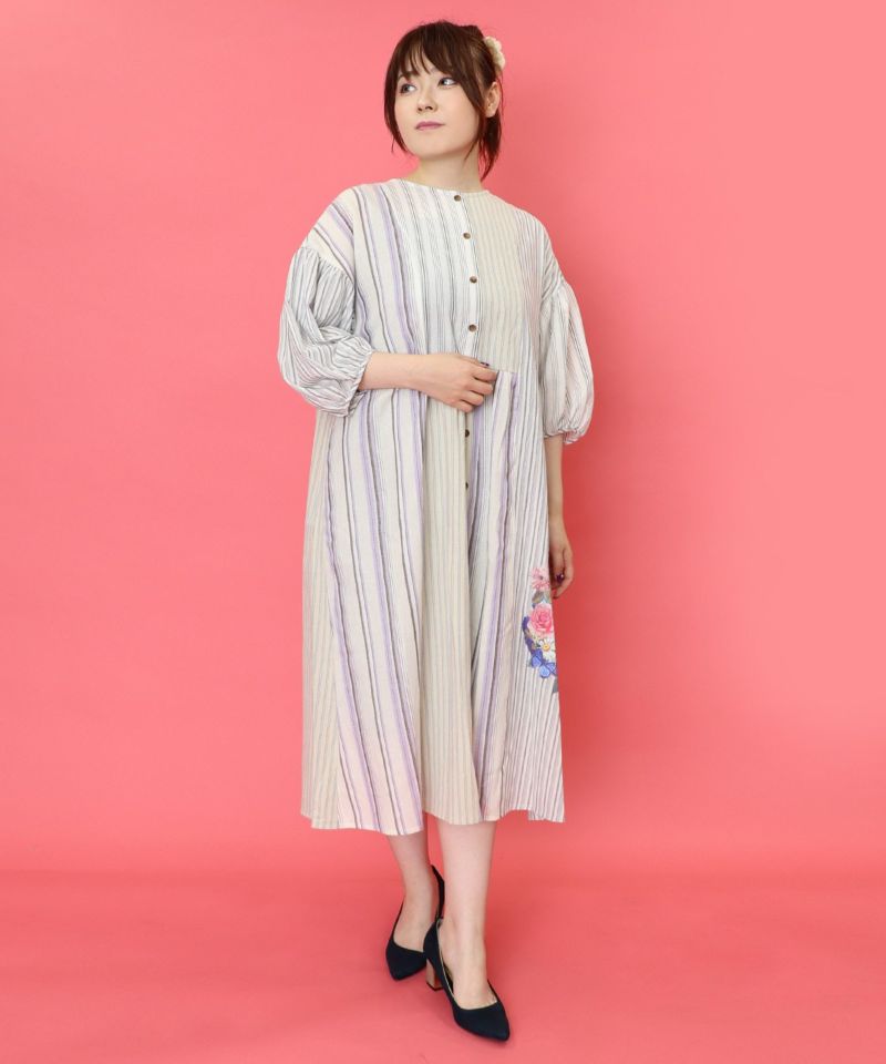 花蝶ネコプリント ストライプMIX柄ワンピース-18