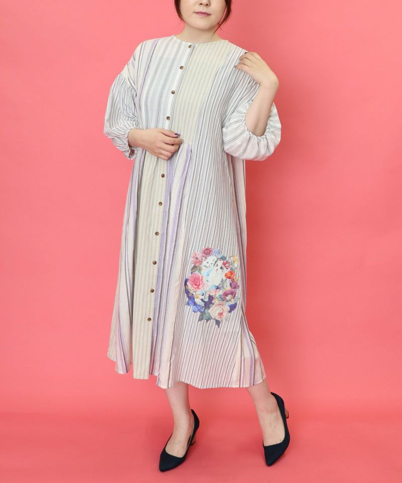 花蝶ネコプリント ストライプMIX柄ワンピース-18