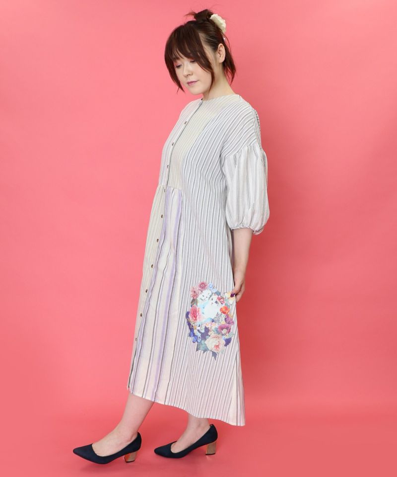 花蝶ネコプリント ストライプMIX柄ワンピース-20
