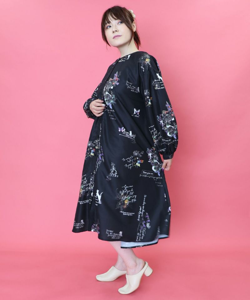 数字と花蝶柄 前開きワンピース-2