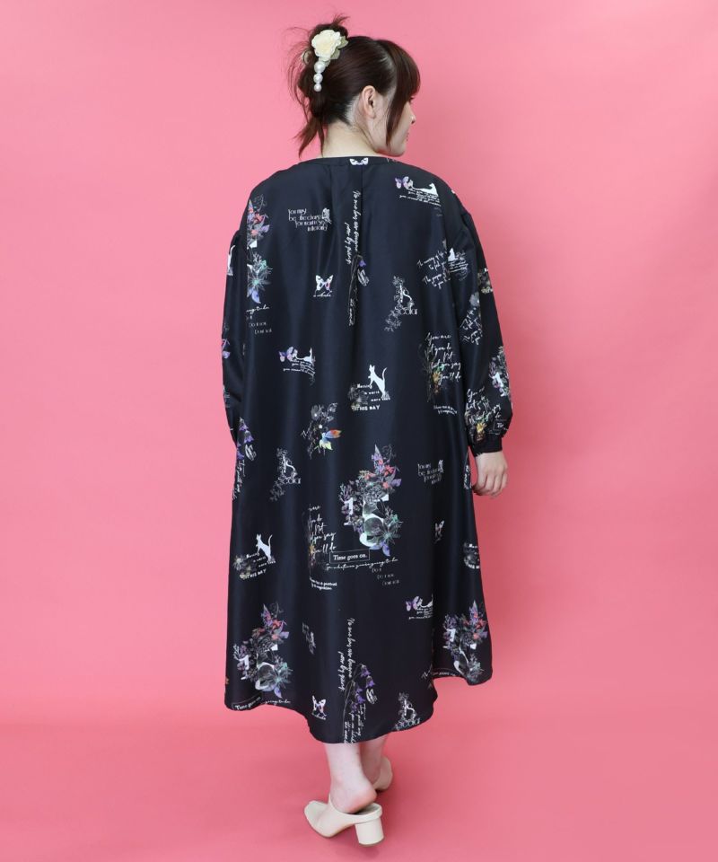 数字と花蝶柄 前開きワンピース-4