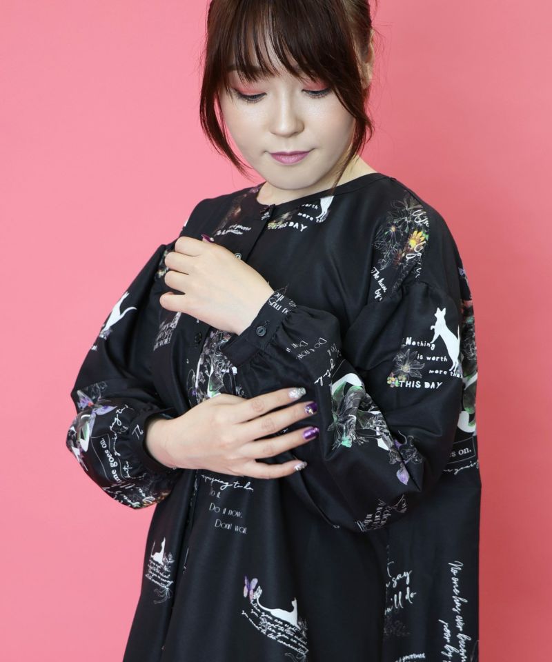 数字と花蝶柄 前開きワンピース-5