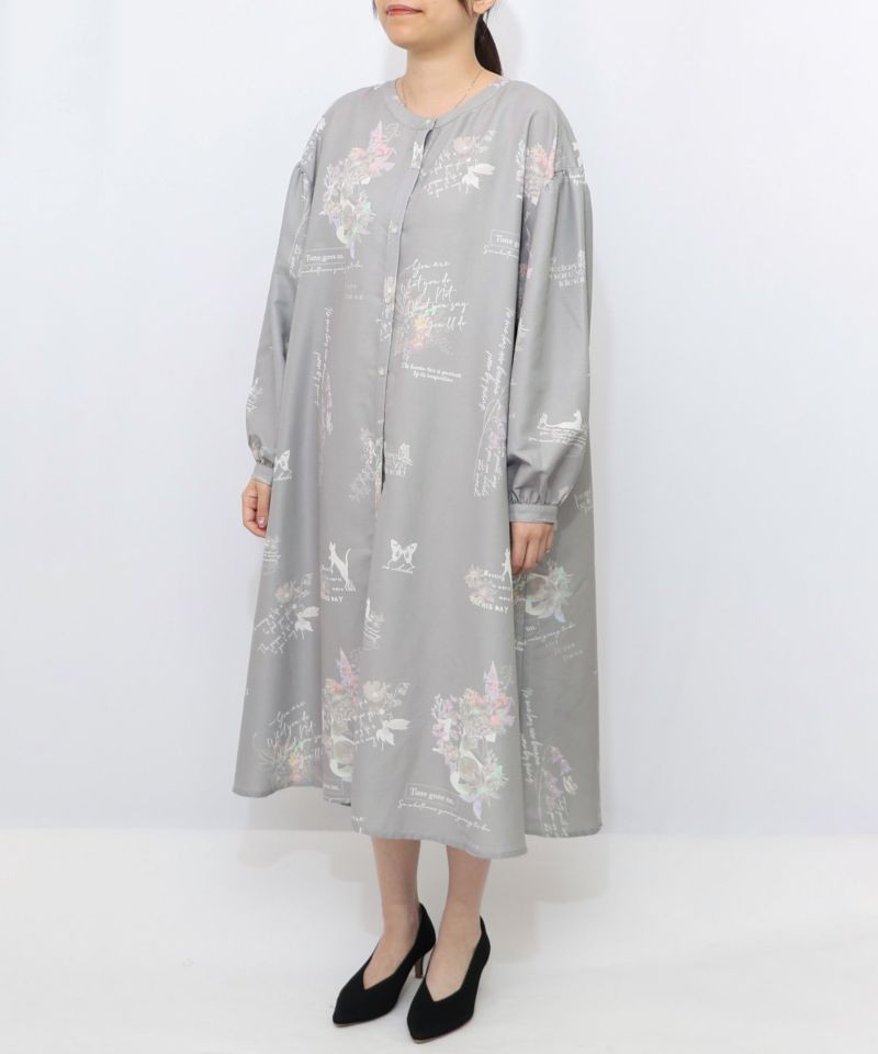 数字と花蝶柄 前開きワンピース-9