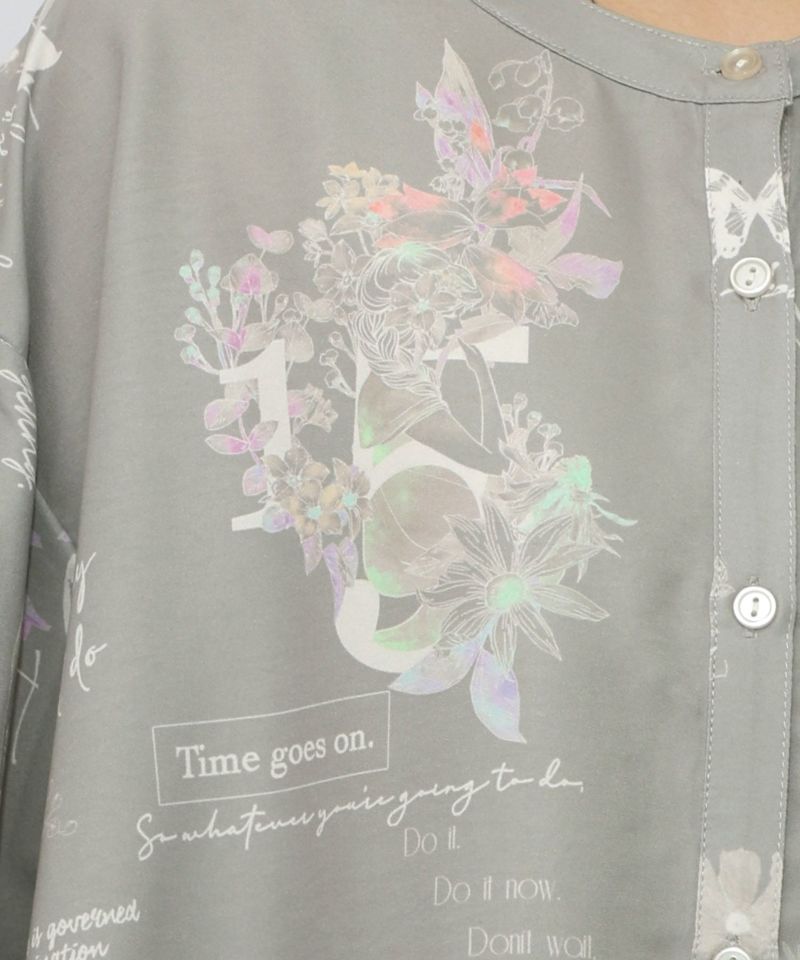 数字と花蝶柄 前開きワンピース-12