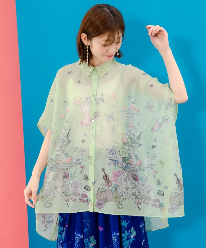花蝶線描きプリント 切替チュニックシャツ-1