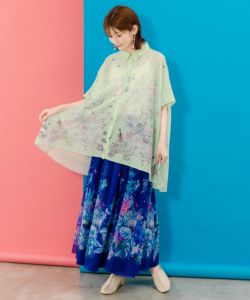 高速配送 552253：花蝶線描きプリント 切替チュニックシャツの通販-ScoLar トップス