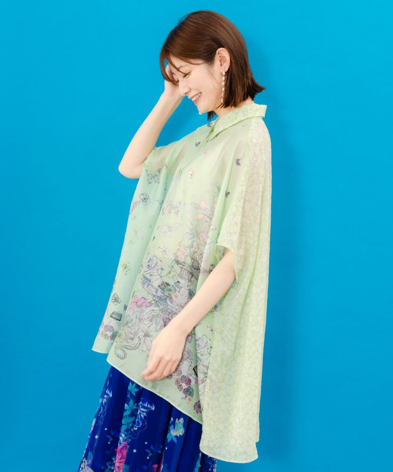 花蝶線描きプリント 切替チュニックシャツ-4